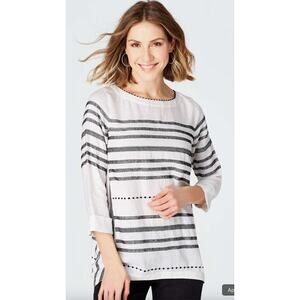J. JILL LOVE LINEN Striped Embroidered Tunic in White Size L
